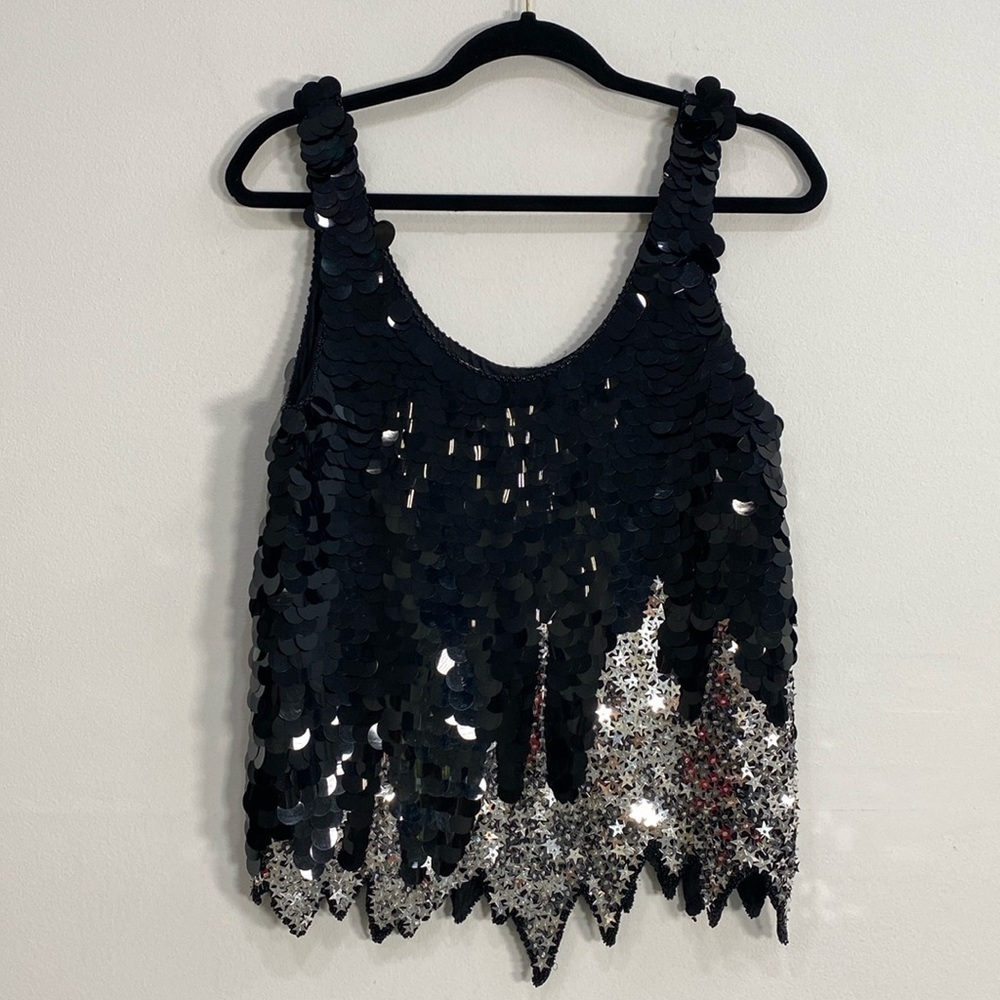 Vtg Oleg Cassini Sequin Tank Top Silk Medium‎ Star sequins silk RARE